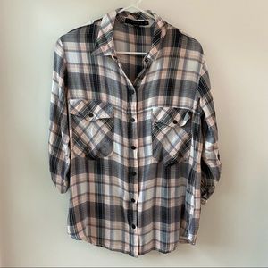 Sanctuary Boyfriend Casual Button Front Long Sleeve Shirt Pink Black Plaid Small